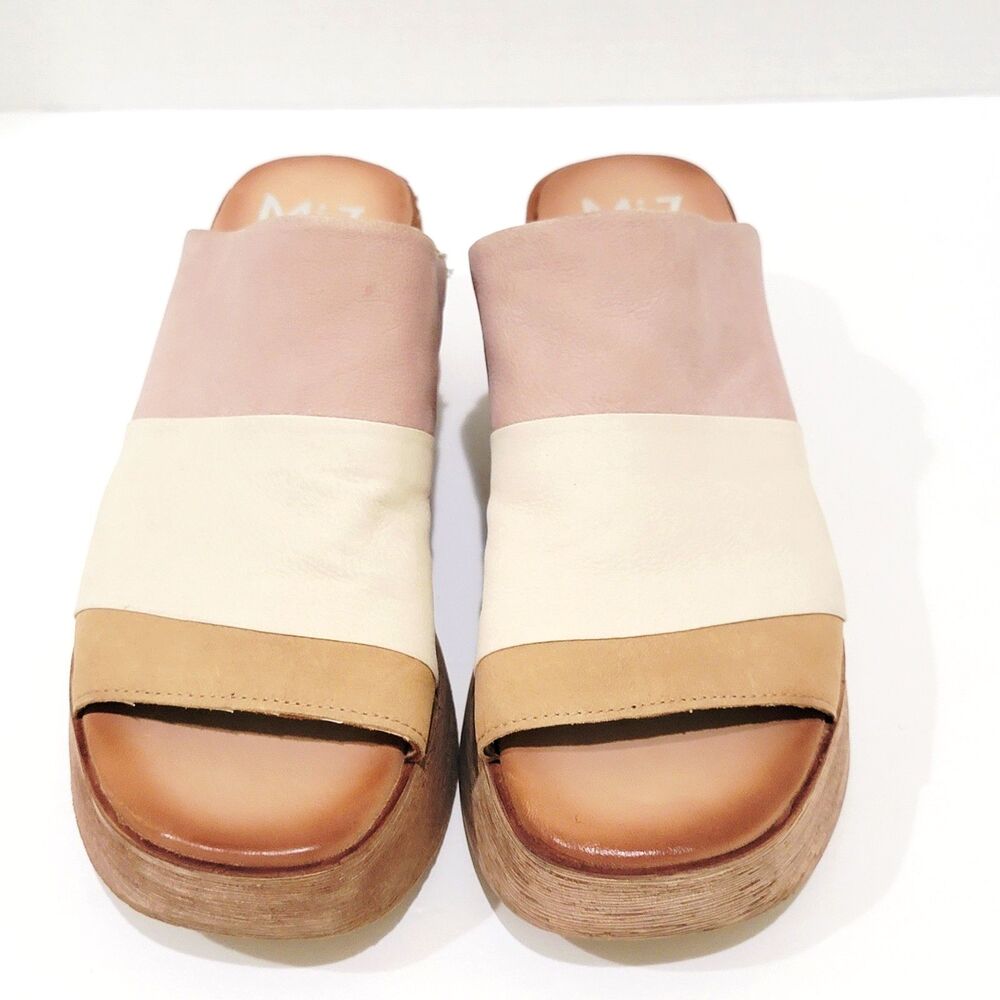 Miz Mooz Gianna Wedge Sandals Women's Size 39 US 8.5-9 Leather Slip On Pearl Tan